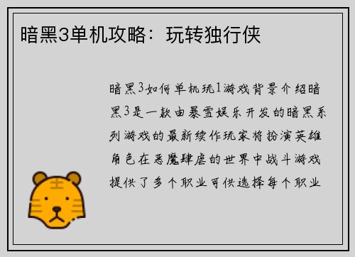 暗黑3单机攻略：玩转独行侠