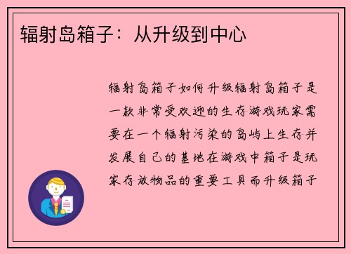 辐射岛箱子：从升级到中心