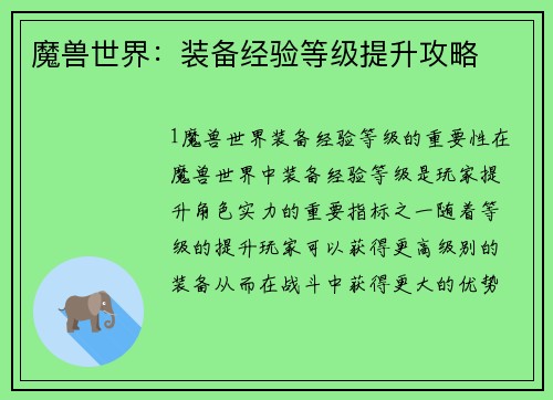 魔兽世界：装备经验等级提升攻略